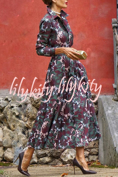 Casual Floral Print Lace Up Buttoned Pockets Long Sleeve Midi Dress