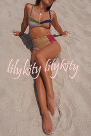 Dream Beach Glitter Fabric Color Block High Waist Bikini Swimsuit