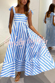 Treasured Times Stripe Print Tie-up Shoulder Pocketed A-line Maxi Dress