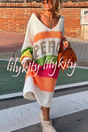 True Faith Knit Peace Pattern Color Blocks Loose Midi Sweater Dress