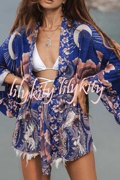 Moon Wishes Unique Print Belted Loose Kimono