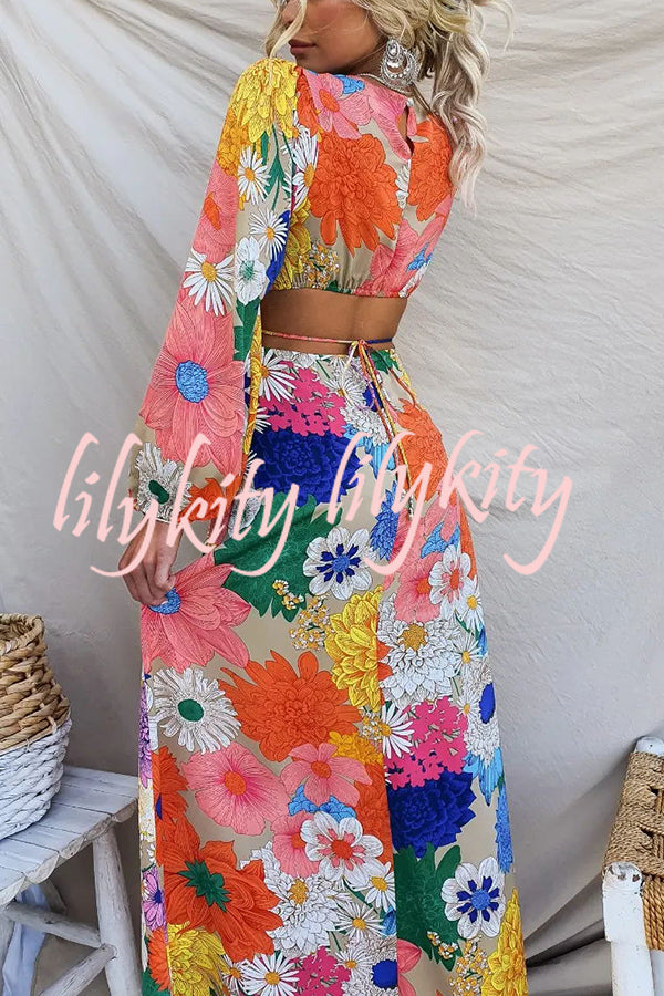 Bloom Forever Floral Print Cutout Elastic Waist Maxi Dress
