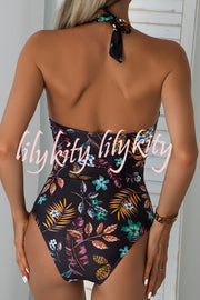Floral Print Halter Backless One-Piece Swimsuit