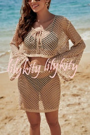 Sherry Knit Hollow Out Tie-up Neck Top and Stretch Mini Skirt Set