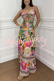 Mexico Style Tropical Print Ring Cutout Lace-up Vacation Maxi Dress