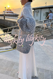 Warm Shining Heart Knit Sequin Balloon Sleeve Zipper Neck Loose Cardigan
