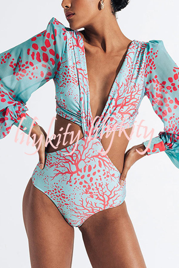 Coral Floral Print Backless Lace Up Sheer Long Sleeve One Piece Swimsuit