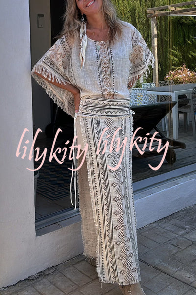 Madrid Linen Blend Ethnic Print Side Lace-up Tassel Trim Maxi Skirt