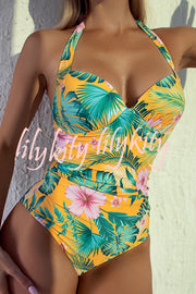 Floral Print Halter Backless One-Piece Swimsuit