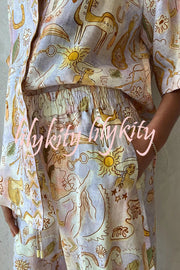 Knightly Linen Blend Mythological Pattern Elastic Waist Pocketed Wide Leg Pants