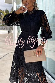 Romantic, Sensual and Elegant Crochet Lace Lantern Sleeve Party Midi Dress