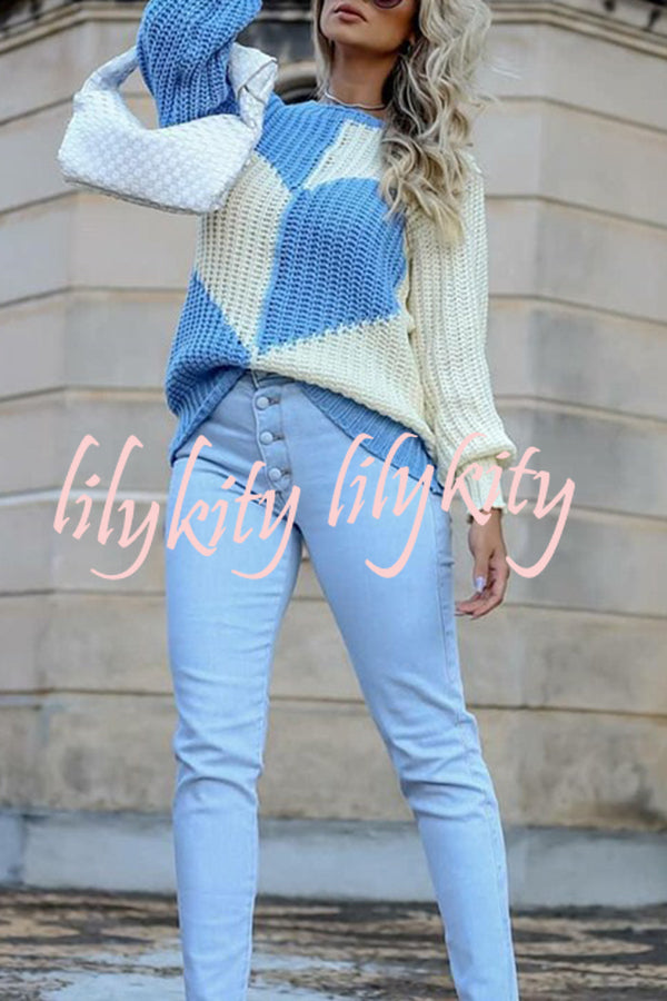 Round Neck Bell Sleeves Heart Contrast Knitted Long Sleeved Sweater