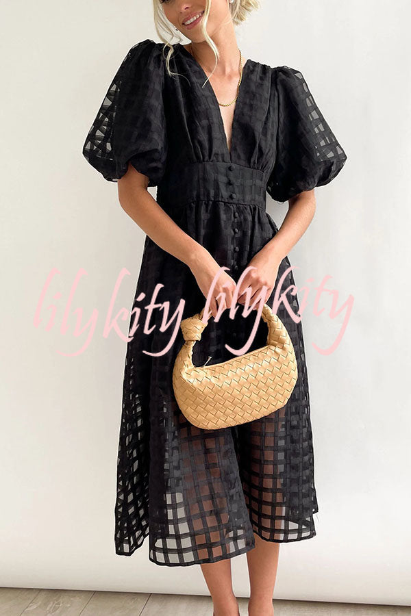 Remarkable Beauty Square Patterned Fabric Puff Sleeve Midi Dress