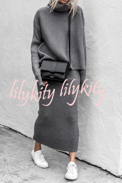 Charley Solid Color High Collar Knit Sweater Two-piece Suit