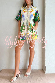 Days of Heaven Linen Blend Unique Print Blouse and Elastic Waist Pocketed Shorts Set