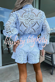 Radiant Blessings Eyelet Crochet Lace Blouse and Shorts Set
