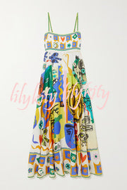 Joyful Glow Goddess Linen Blend Unique Print Pocketed Smocked Back Midi Dress
