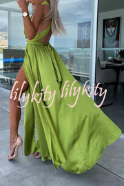 Different Elegant Effects Satin Free Tie Neck Slit Maxi Dress