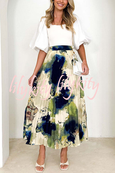 Abstract Art Paint Print Stretch Waist Pleated Skirts