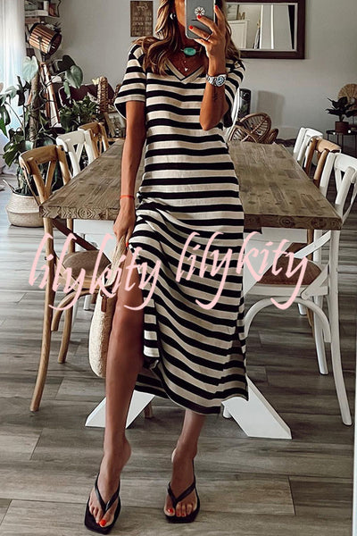Brilliant Basics Stripe V Neck Casual Midi Dress