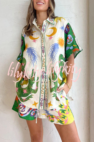 Days of Heaven Linen Blend Unique Print Blouse and Elastic Waist Pocketed Shorts Set
