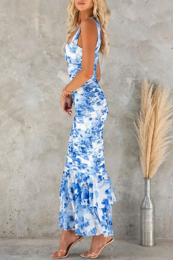Styled To Perfection Floral Ruched Mesh Overlay Ruffle Hem Maxi Dress