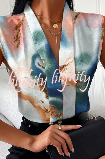 Marble / Abstract Print V-Neck Casual Top