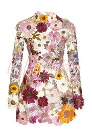 Elegantly Enchanted Floral Applique Backless Long Sleeve Mini Dress