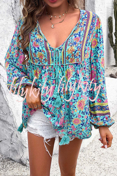 Intricate Floral Print V Neck Lace Up Paneled Long Sleeve Shirt