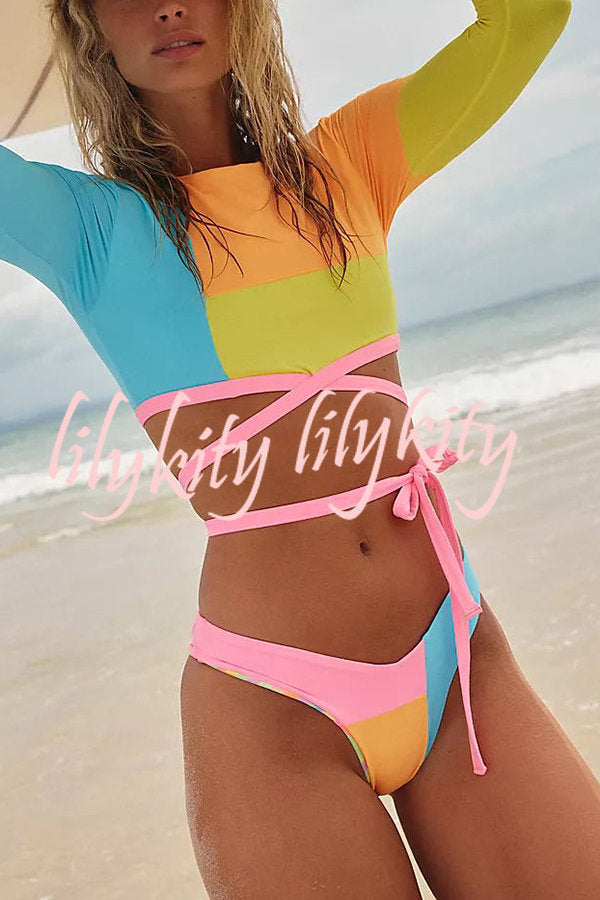Perfect Match Colorblock Lace Up Long Sleeve Bikini Set
