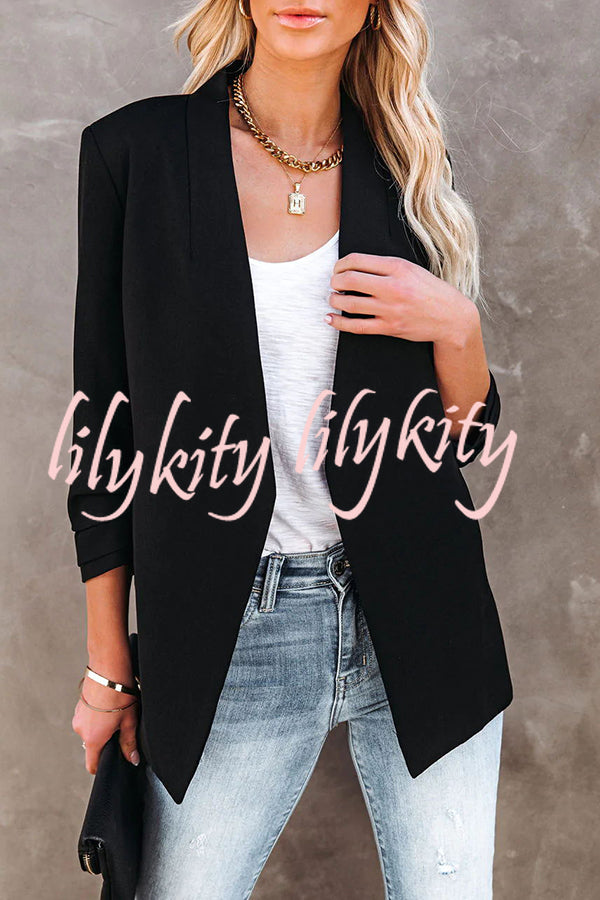 Fashion Affairs Pocketed Ruched Sleeves Blazer