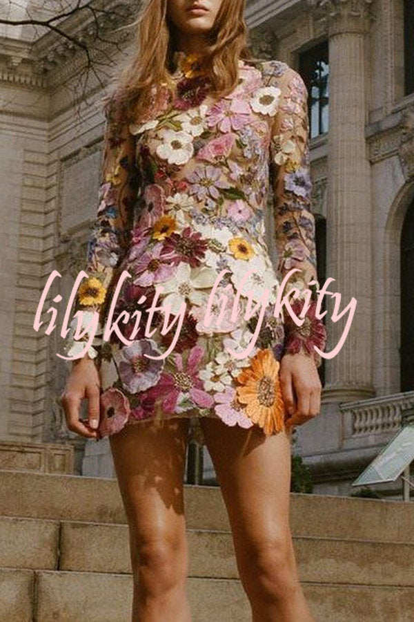 Elegantly Enchanted Floral Applique Backless Long Sleeve Mini Dress