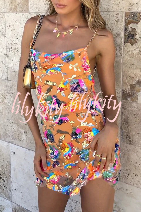 Round Neck Backless Sequin Floral Chain A Line Mini Dress