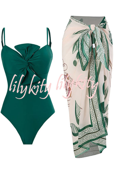 Sling Bow One Piece Swimsuit and Lake Print Skirt