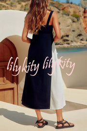 Simple and Stylish Contrast Color Sling Back Smocked Maxi Dress