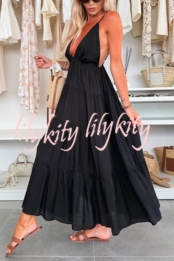 Bohemian Style V-neck Backless Slip Layered Vacation Maxi Dress