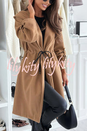 Effortless and Warm Textured Fabric Drawstring Waist Pocket Hooded Midi Coat