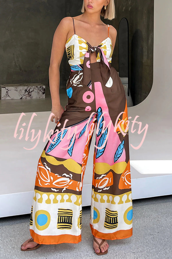 Unique Printed Suspenders Hollow Waist Wide-leg Jumpsuit