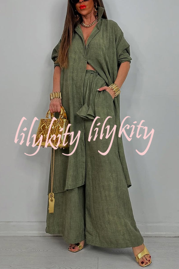 Solid Color Casual Loose Long Shirt and Elastic Waist Pocket Wide Leg Pants Set