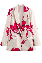 Special Attendance Satin Floral Print Long Sleeve Lapel Loose Blazer