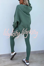 Solid Color Loose Long Sleeve SlitSweatshirt and Elastic Waist Tight Pants Set