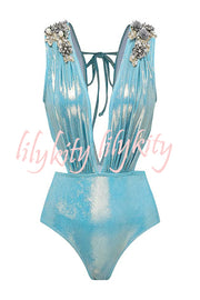 Solid Color Shiny Fabric Deep V Metal Embellished Stretch One-piece Swimsuit