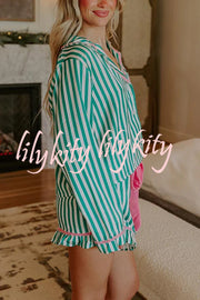 Merry and Bright Satin Striped Color-block Trim Loose Shirt and Elastic Waist Pocket Pajama Set