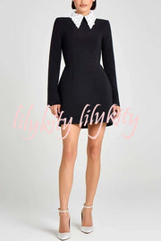 Alisha Contrast Floral Appliqué Pointed Collar Long Sleeve Pocketed Mini Dress