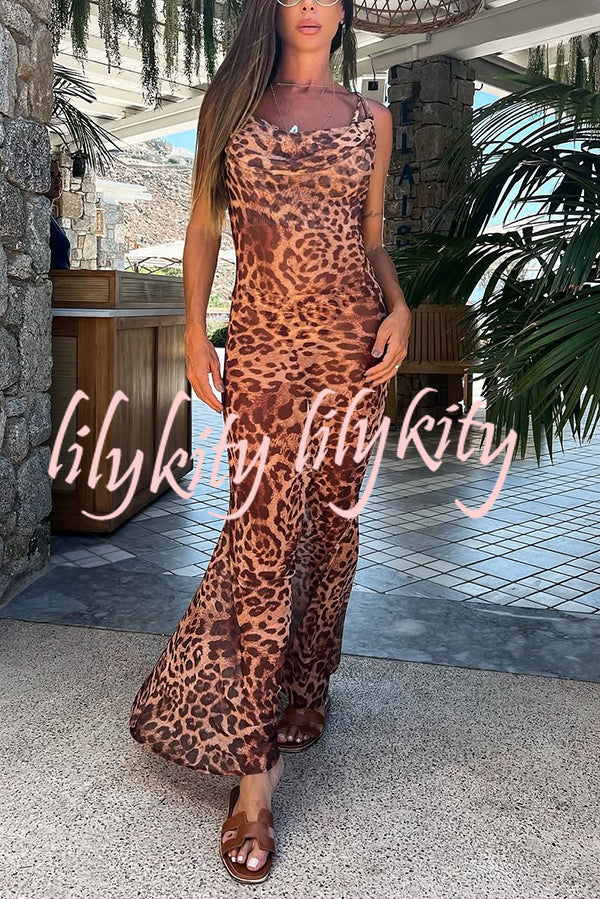 Leopard Print Sexy Strap Holiday Cover Up Maxi Dress