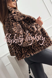 Stylish Leopard Print Lapel Long Sleeve Short Coat