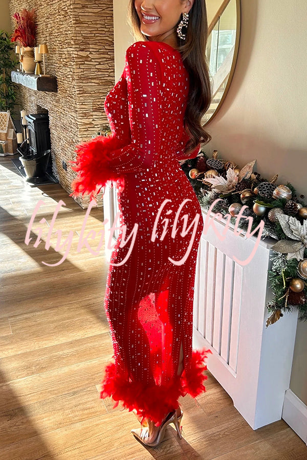 Sexy Long Sleeve Round Neck Feather Edge Rhinestone Decoration Slim Fit Maxi Dress