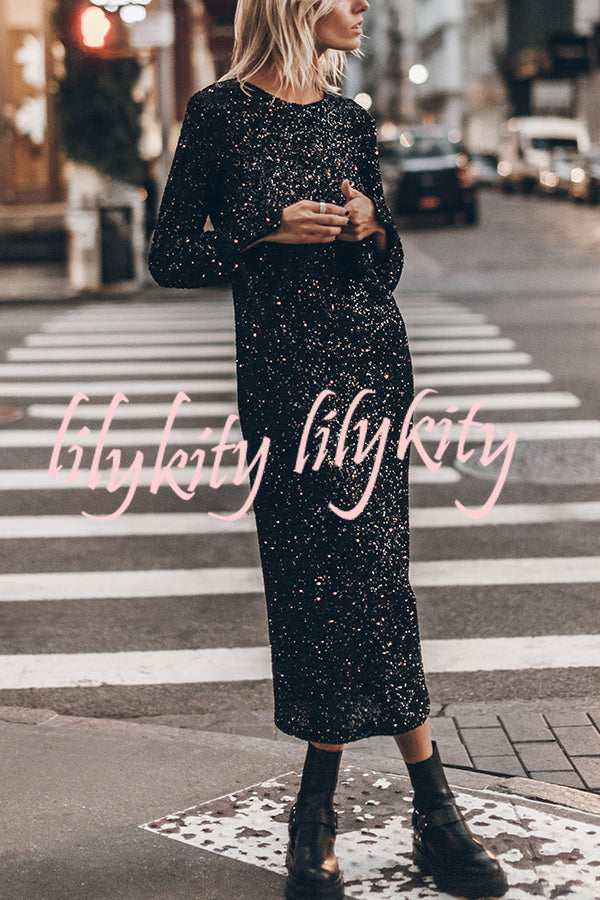 Ignite Sparkly Nights Sequin Extra Long Sleeve Open Back Loose Midi Dress