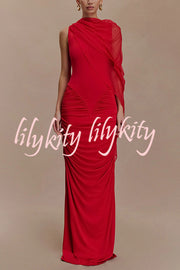Fashionable Mesh Shawl Sleeveless Slim Fit Pleated Maxi Dress