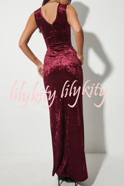 Solid Color Velvet Round Neck Sleeveless Slim Slit Maxi Dress